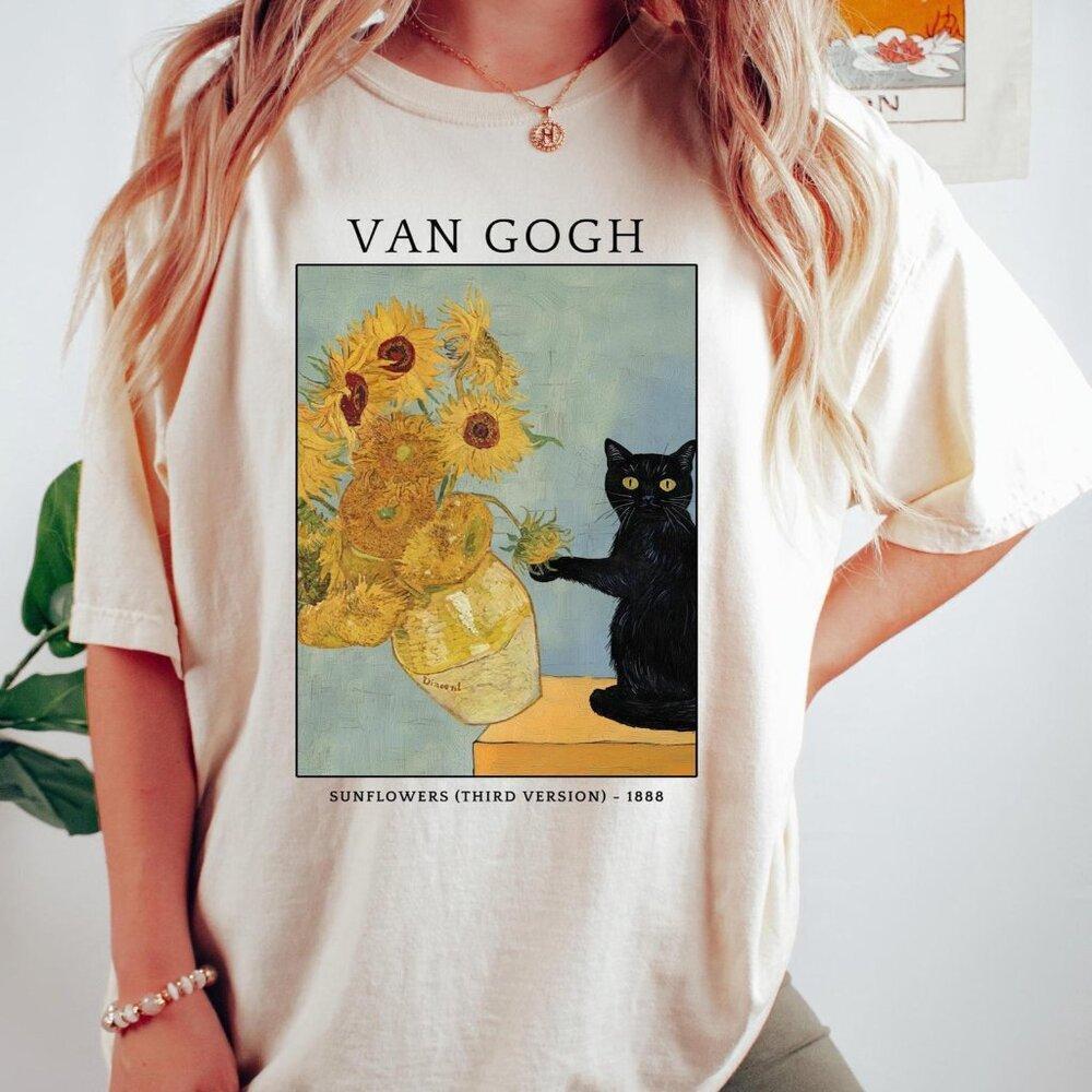 Van Gogh Cat Shirt, Art Tee, Black Cat Shirt, Sunflower Cat T-Shirt